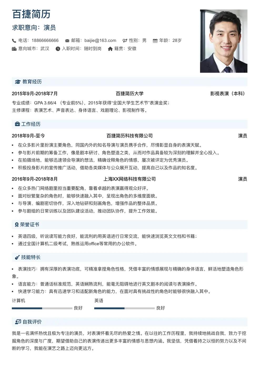 演员通用简历