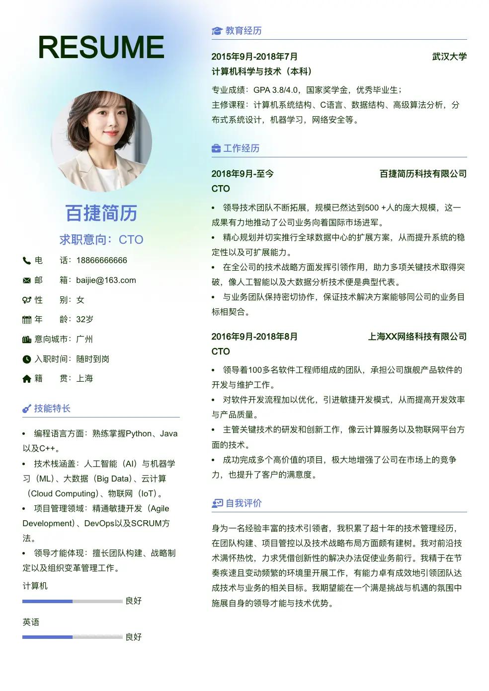 CTO简历